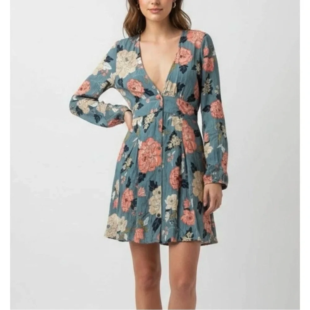 Billabong Your Love Skater Mini Dress Blue Pink Floral Flowy Rayon Boho Medium - Picture 1 of 12